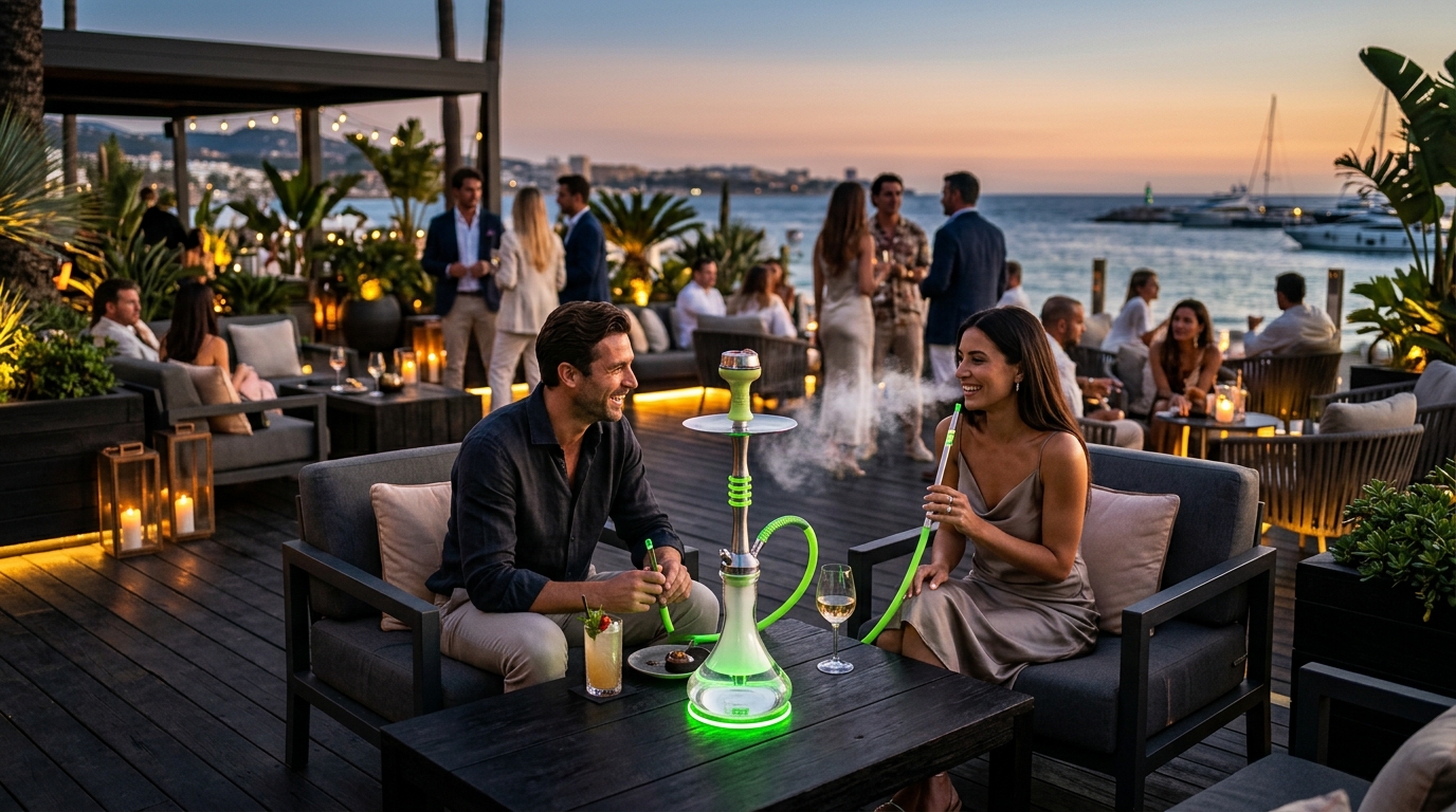 Terraza de restaurante VIP y hotel 5 estrellas operando un servicio B2B de shisha compliance bajo la Ley 42/2010