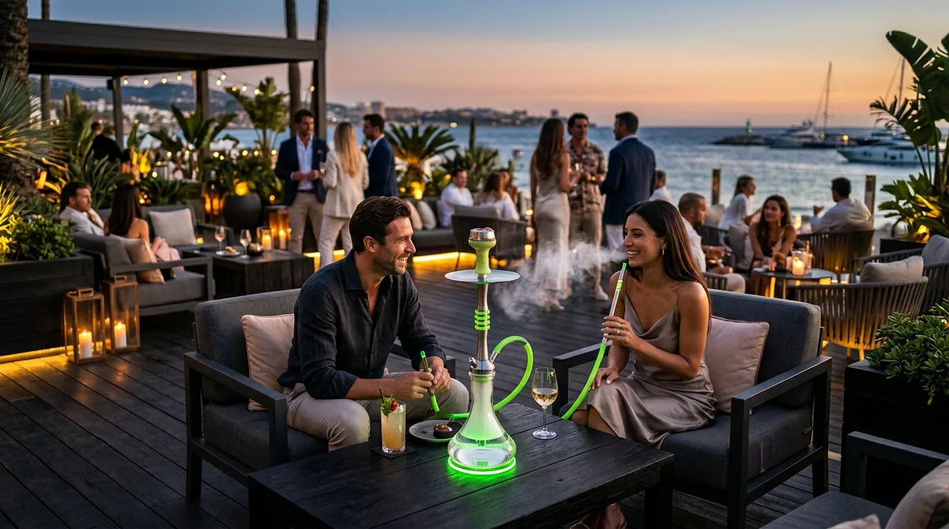 Terraza de restaurante VIP y hotel 5 estrellas operando un servicio B2B de shisha compliance bajo la Ley 42/2010
