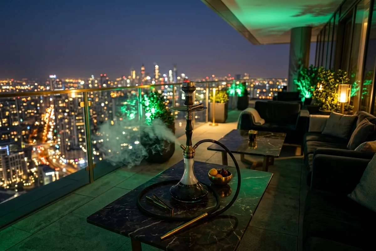 Servicio exclusivo de cachimba a domicilio montado en una terraza ático de lujo al atardecer con vistas panorámicas