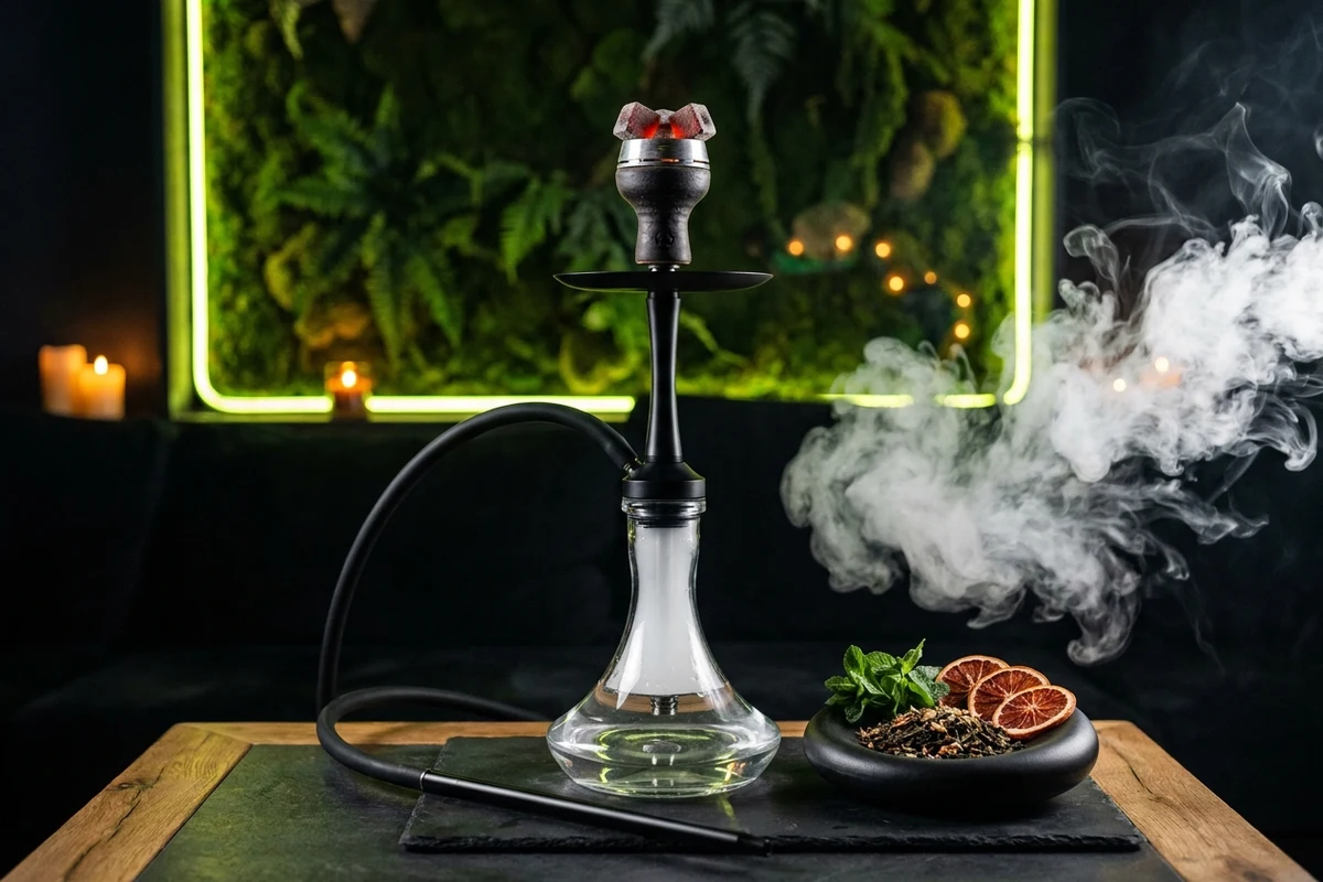 Cachimba de lujo contemporánea en negro mate y cristal con cazoleta Phunnel, Kaloud Lotus y carbones de coco incandescentes junto a botánicos y cítricos deshidratados en el lounge BOSK