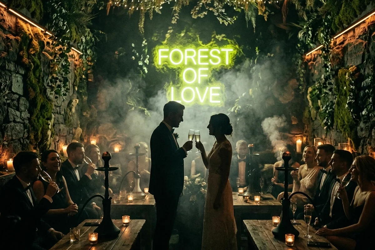 Barra de catering de cachimbas para bodas al aire libre de BOSK montada sobre césped con iluminación ambiental ámbar en finca privada