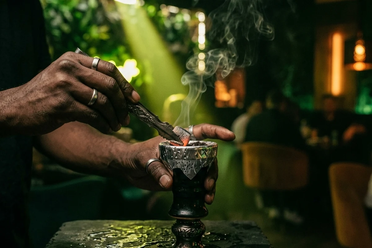 Gestor de calor Kaloud Lotus con cubos de carbón para cachimbas de coco orgánico al rojo vivo en un lounge exclusivo de BOSK