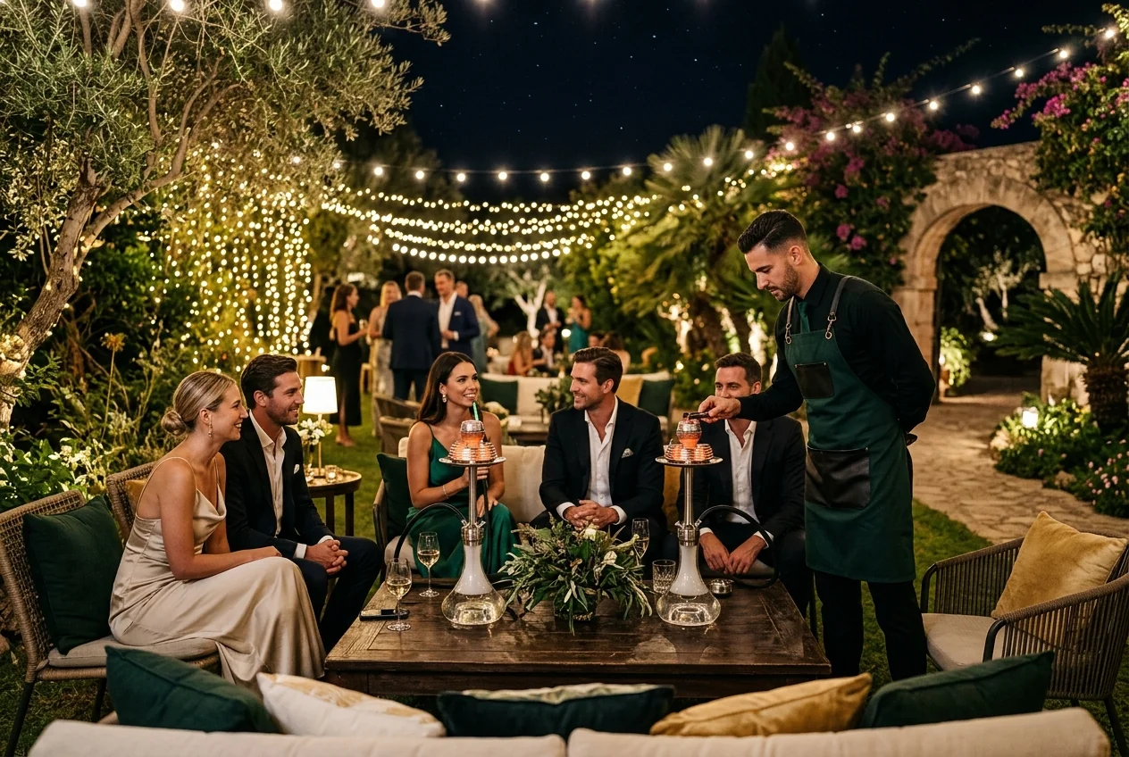Montaje de lounge de shishas de lujo para una boda de 200 invitados en jardines con Hookah Sommeliers uniformados