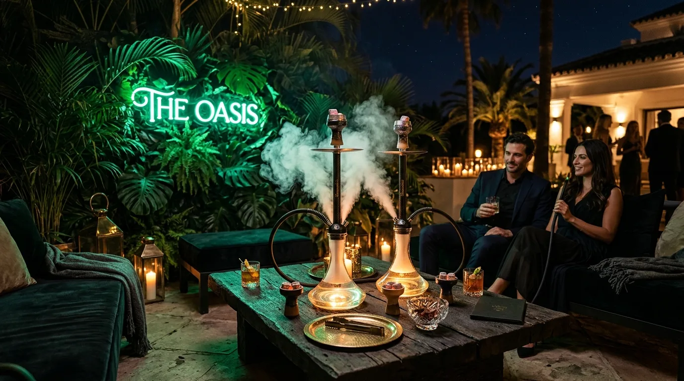Catering de shishas y cachimbas de lujo para bodas VIP en Marbella con montaje de iluminación neón y sommelier