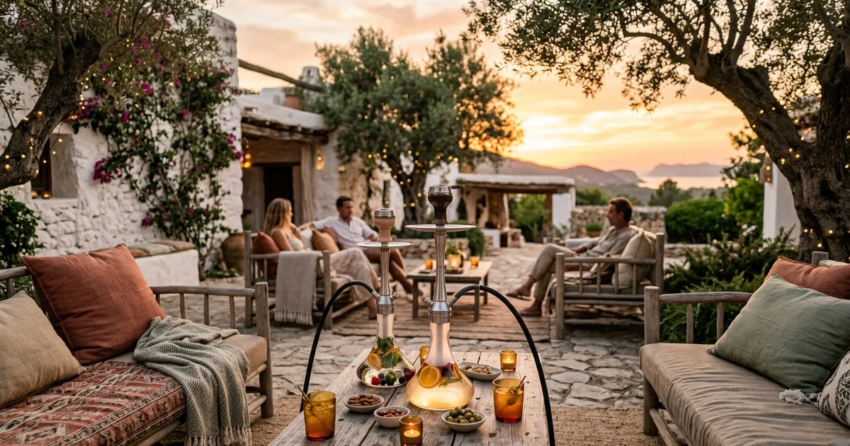 Lounge de shishas premium y cachimbas de autor montado al atardecer en una finca rústica tradicional de Ibiza