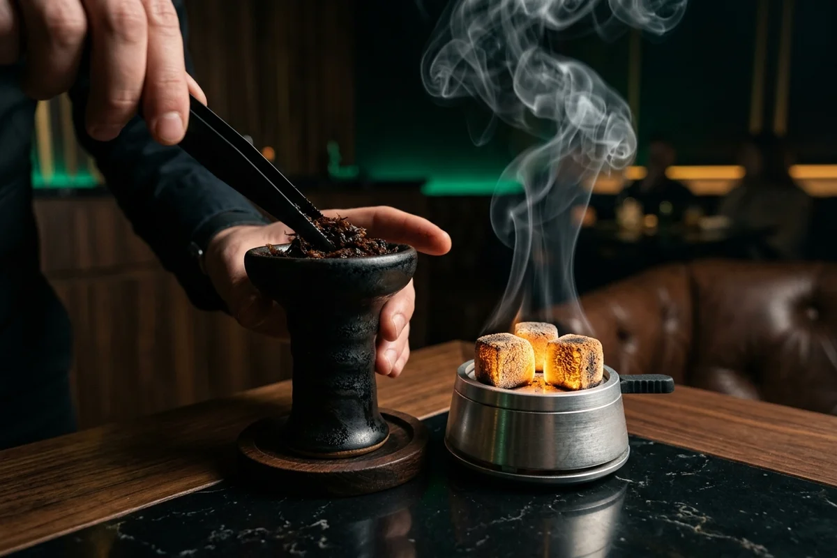 Hookah sommelier de BOSK preparando con pinzas una cazoleta Phunnel de barro negro y gestor Kaloud Lotus con carbones de coco incandescentes