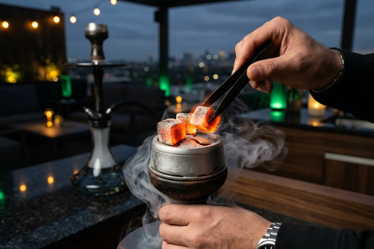 Hookah sommelier de BOSK renovando carbones de coco en un gestor Kaloud Lotus durante una velada nocturna en una terraza exclusiva