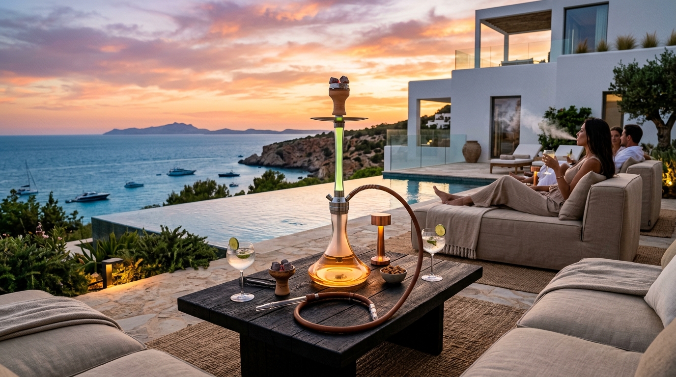Shisha de cristal de borosilicato marinizado en la teca de popa de un superyate fondeado en la costa de Ibiza
