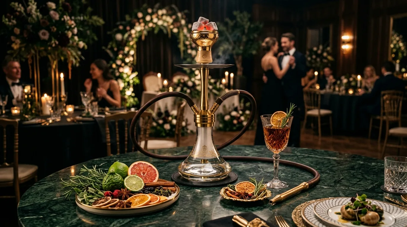 Presentación elegante de maridaje aromático de shisha de cristal de borosilicato sobre mesa de mármol en un banquete de boda VIP