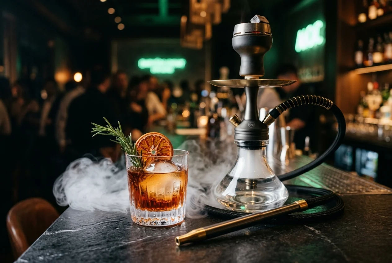 Maridaje sensorial de cóctel de autor con esfera de hielo y shisha botánica de lujo en barra de piedra oscura