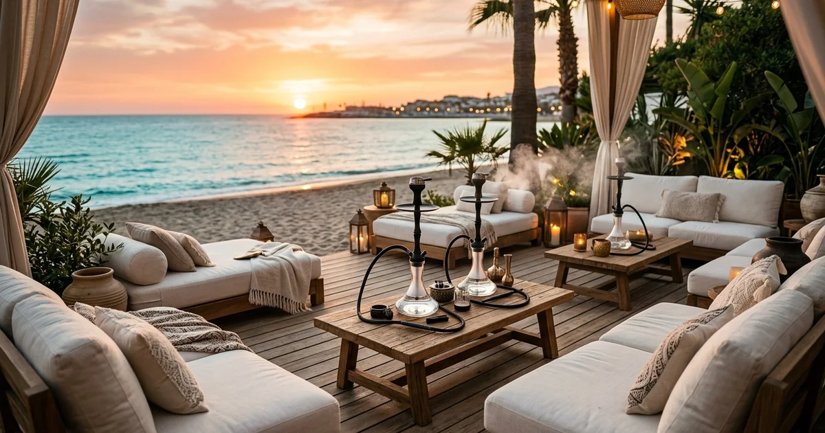 Pop-up shisha lounge y stand exclusivo en terraza de beach club en Puerto Banús Marbella al atardecer frente al mar