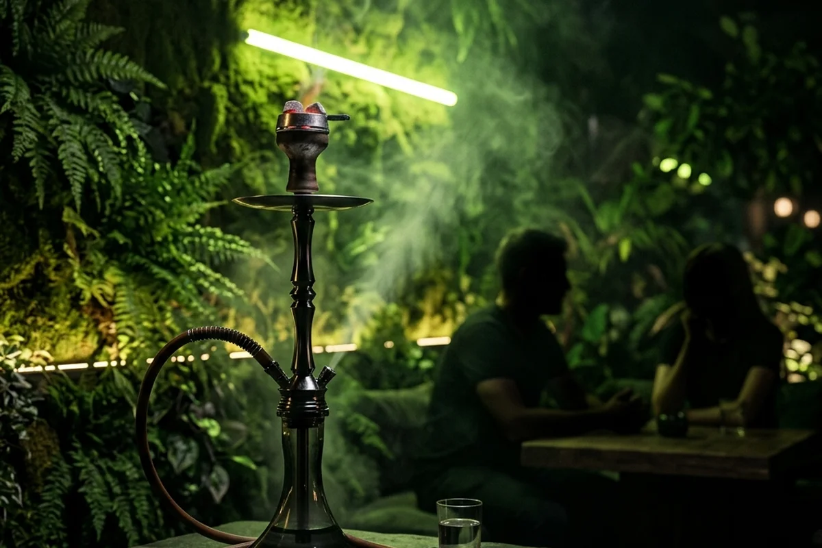 Cachimba de alta gama en un ambiente de bosque iluminado con luces de neón tenue, cazoleta de barro negro con carbones y base de cristal en BOSK Experience