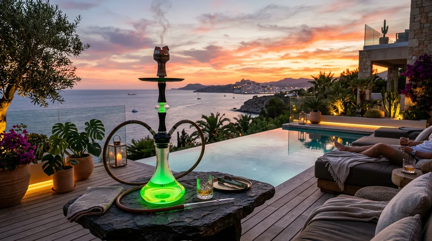 Servicio privado de shishas en la cubierta de un superyate atracado en Marina Botafoch Ibiza